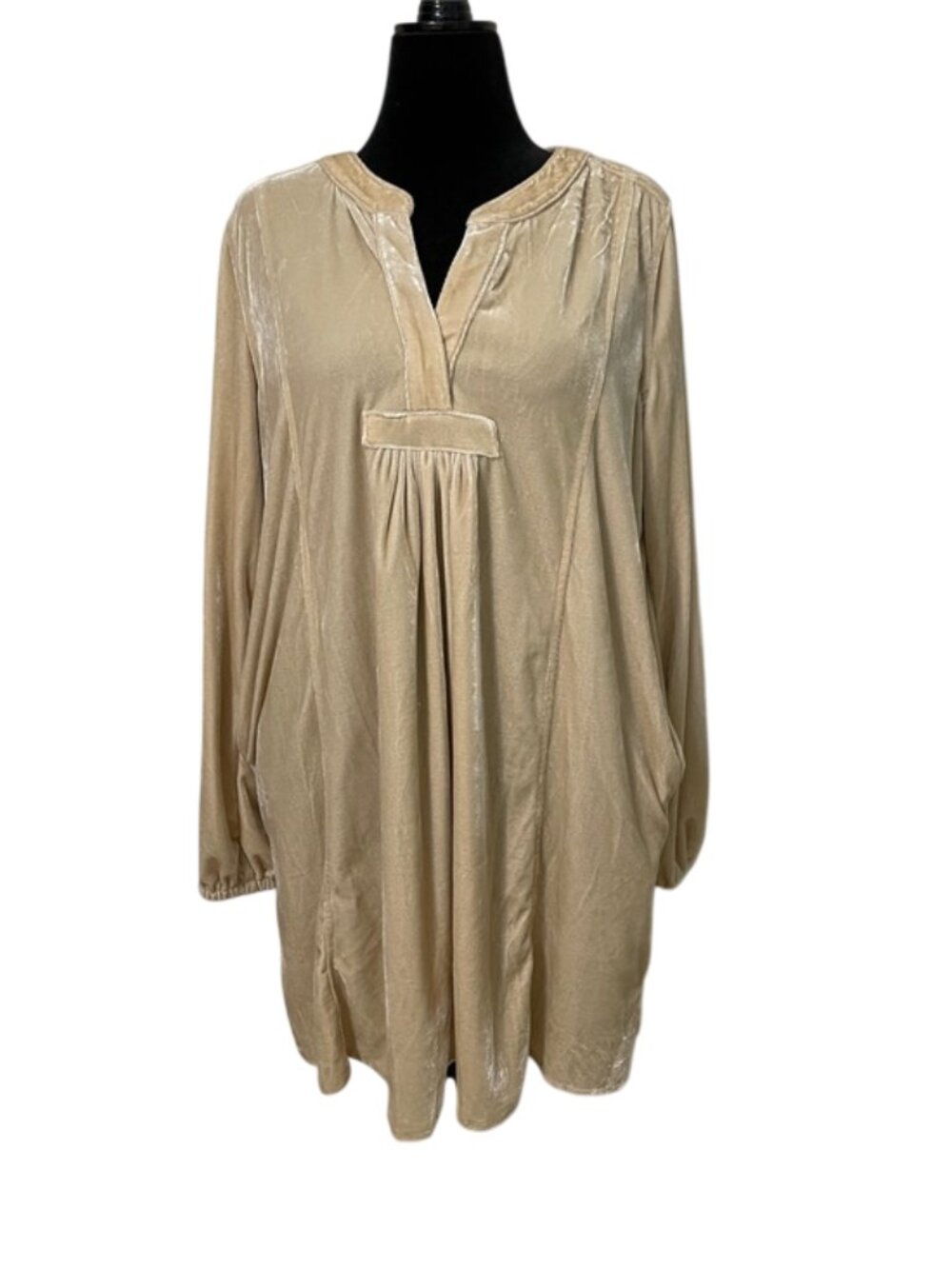 Easel Velvet Tunic Dress Womens Medium Beige Champagne V Neck Long Sleeve ED1527